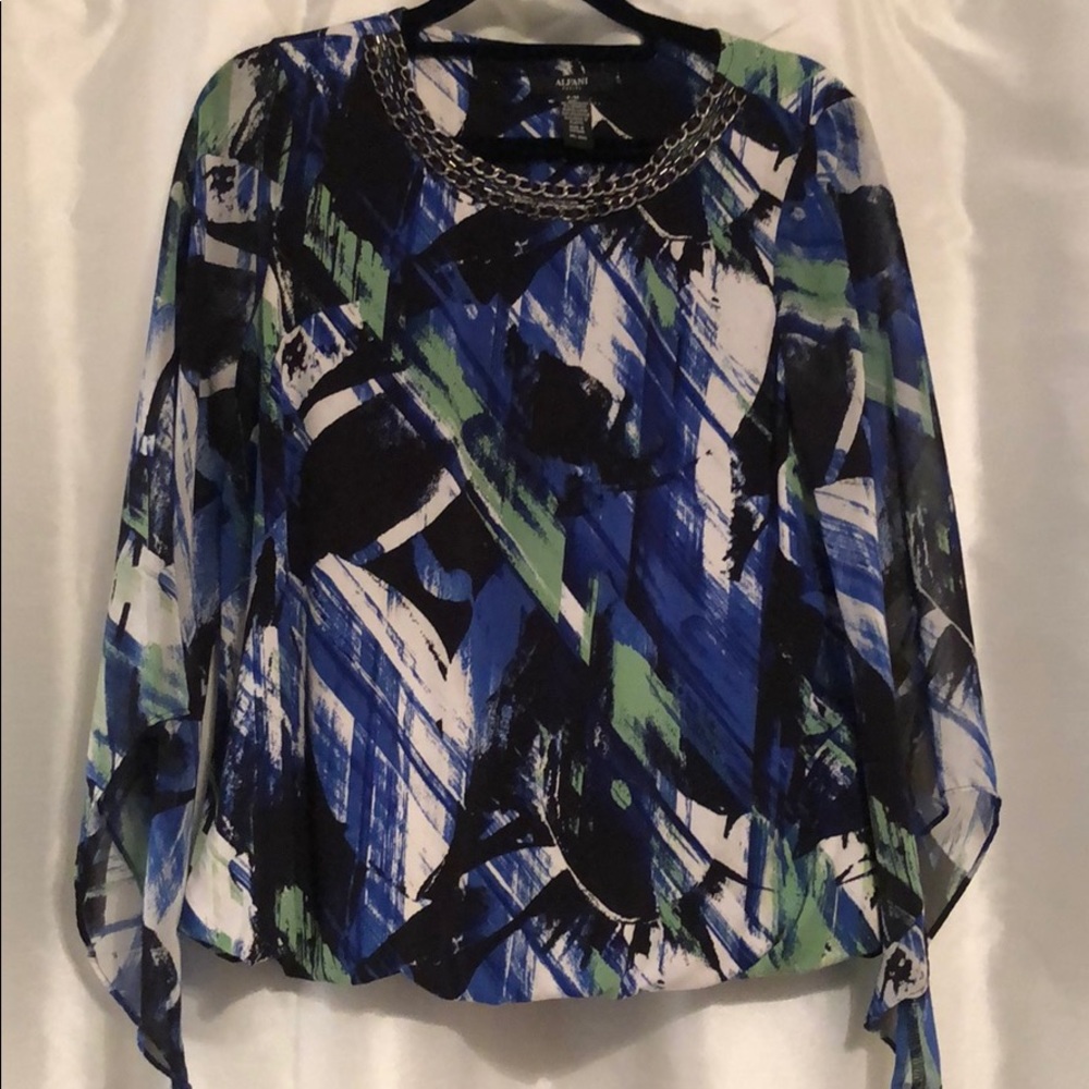 Navy, white and green blouse with metal neckline